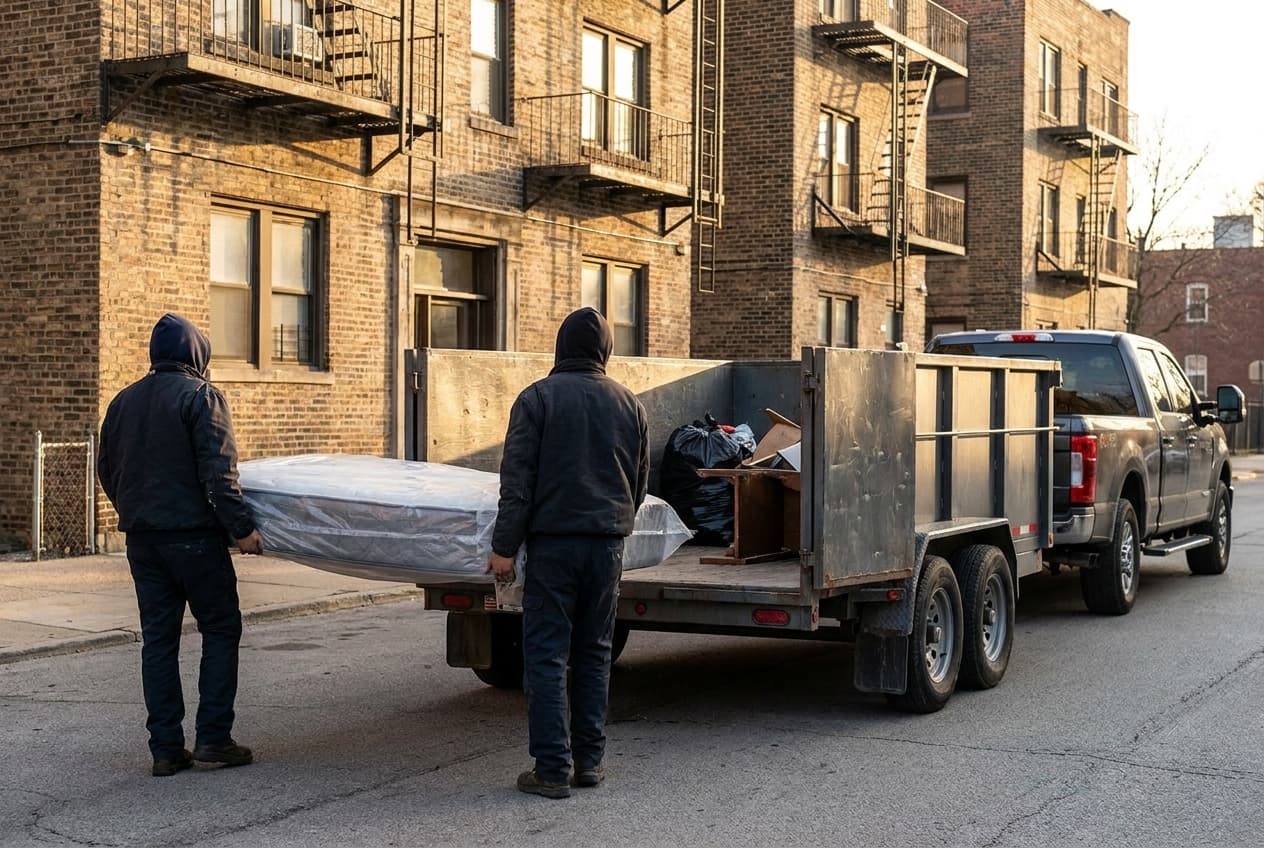 Cleanout crew loading a dump trailer outside a Rockford-area rental unit