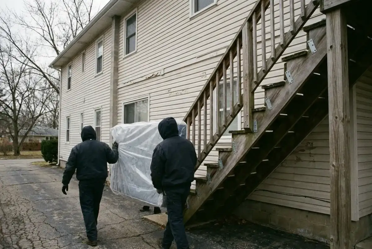 A crew carrying a mattress out of a rental unit during an eviction cleanout