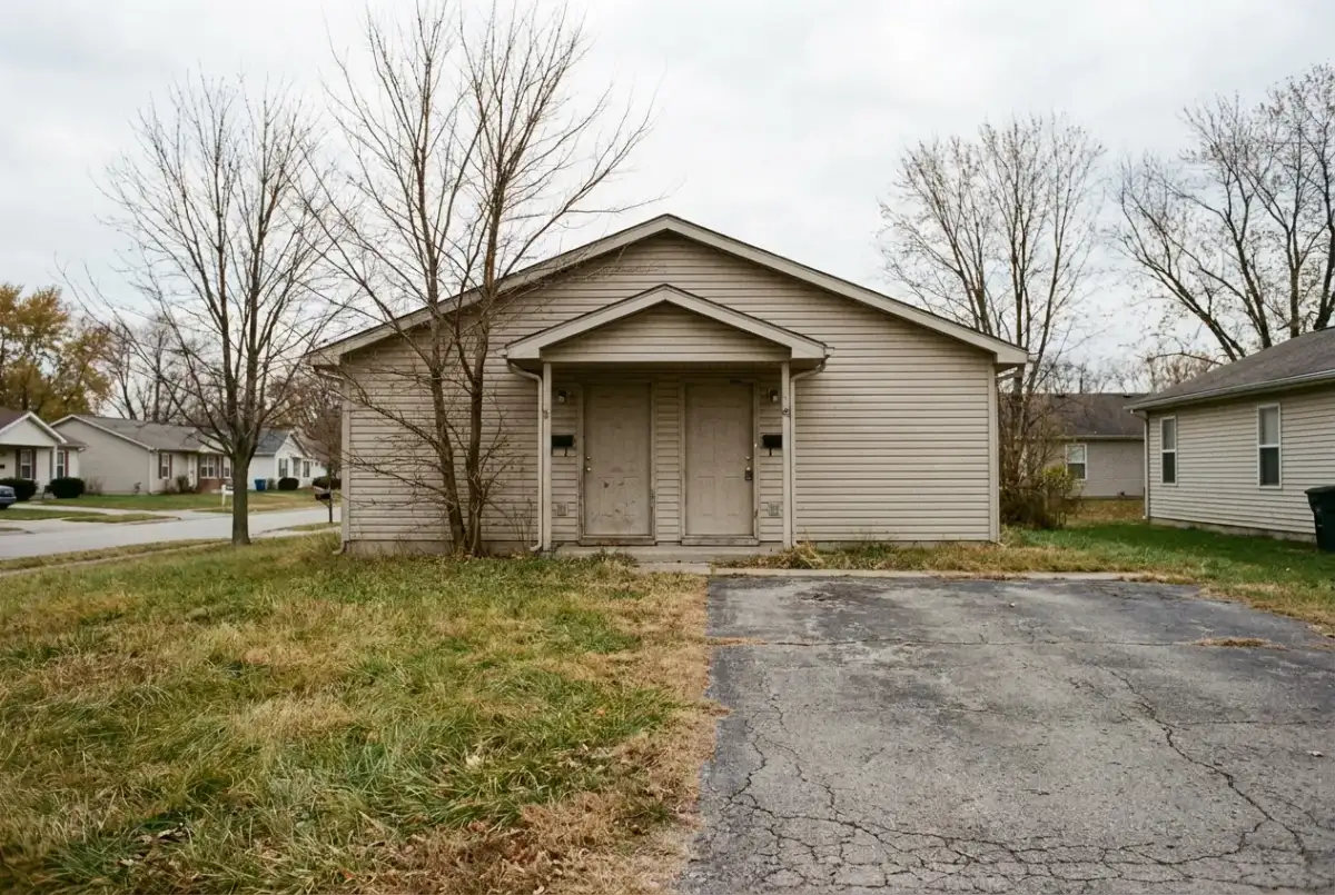 Exterior of a vacant rental duplex in the Rockford area, ready for a foreclosure cleanout