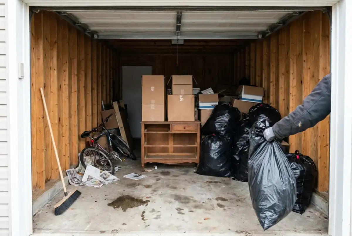 A heavily cluttered garage mid cleanout, boxes and trash bags staged near the door