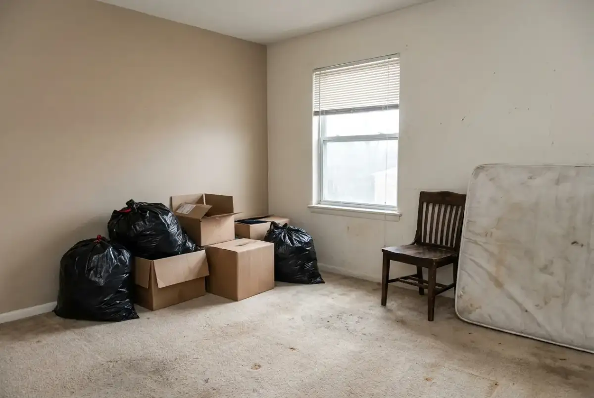 Furniture and trash bags left behind in a rental unit after a move-out, a typical cleanout scene across the service area